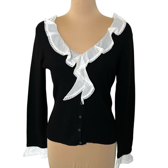 August Silk Petite Cardigan Sweater Large PL Black White Ruffle Collar Cuffs - Picture 1 of 6